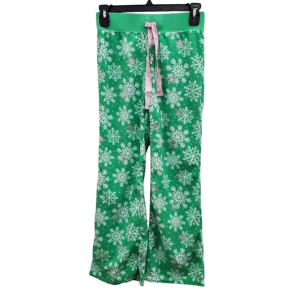 Justice Girl's Green Soft Fleece Holiday White Snowflake Print PJ Bottoms NWT 10